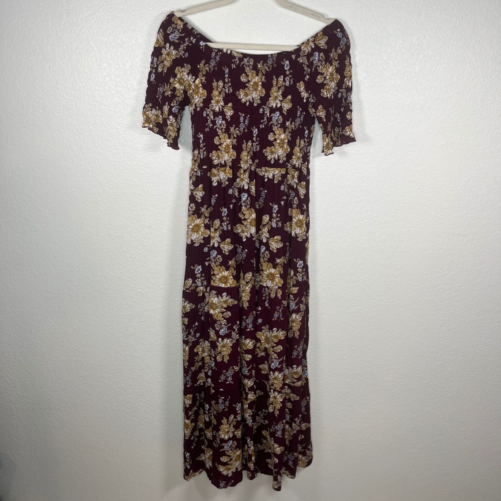 Natural Life Burgundy Floral Smocked Off Shoulder Maxi Dress XS/S Boho Tiered
